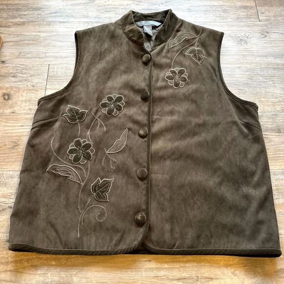 Vintage Vest Women's Large Embroidered Green Suede Texture Floral Fall Warm Cozy - Picture 1 of 7